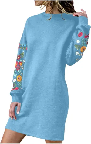 Boho Dresses for Women 2024 Long Sleeve Crewneck Aztec Ethnic Western Dress Causal Dressy Ethnic Print Mini Dresses
