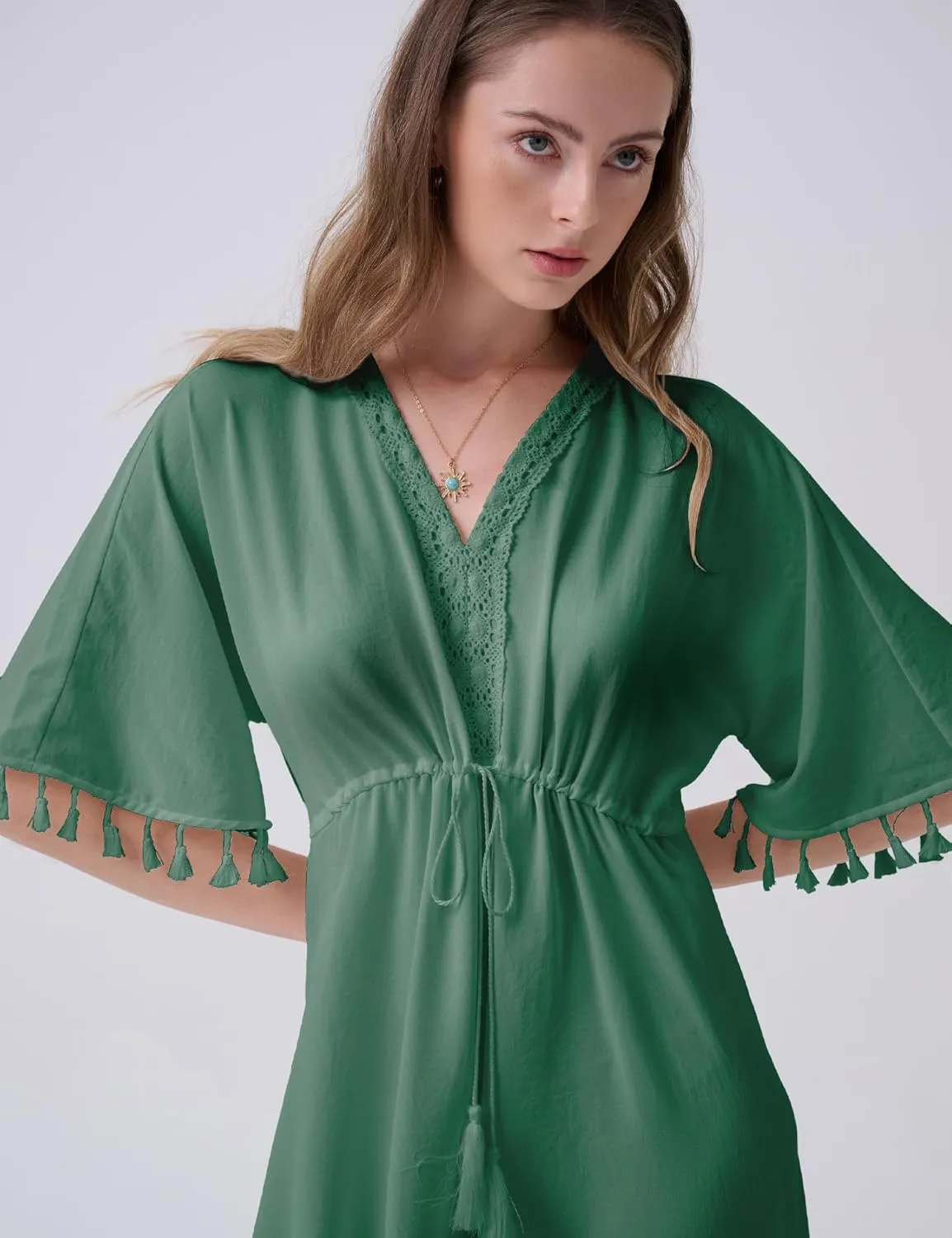 Boho Maxi Dress Lace V Neck Dress for Women 2024 Summer Tassel Short Sleeve Dress Drawstring Waist