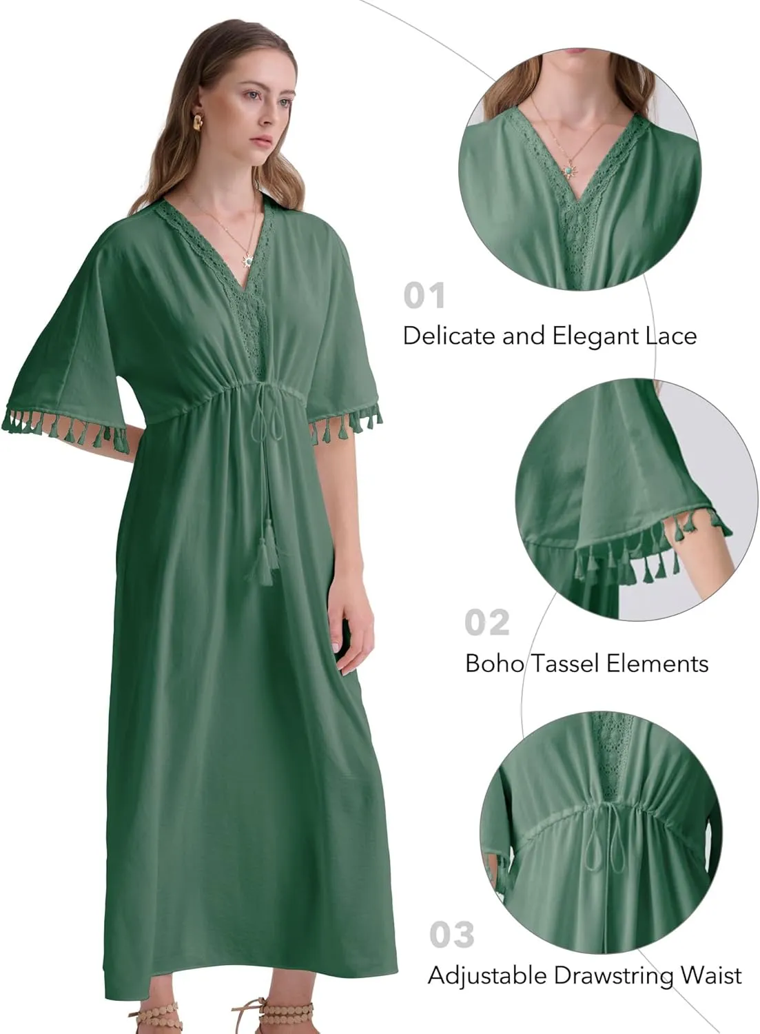 Boho Maxi Dress Lace V Neck Dress for Women 2024 Summer Tassel Short Sleeve Dress Drawstring Waist
