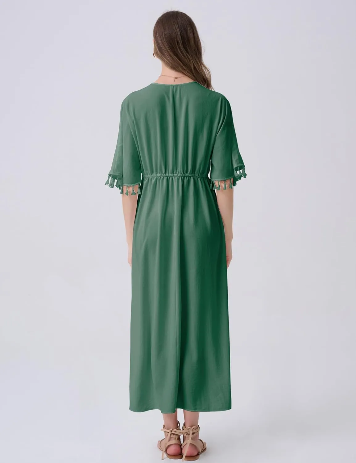 Boho Maxi Dress Lace V Neck Dress for Women 2024 Summer Tassel Short Sleeve Dress Drawstring Waist