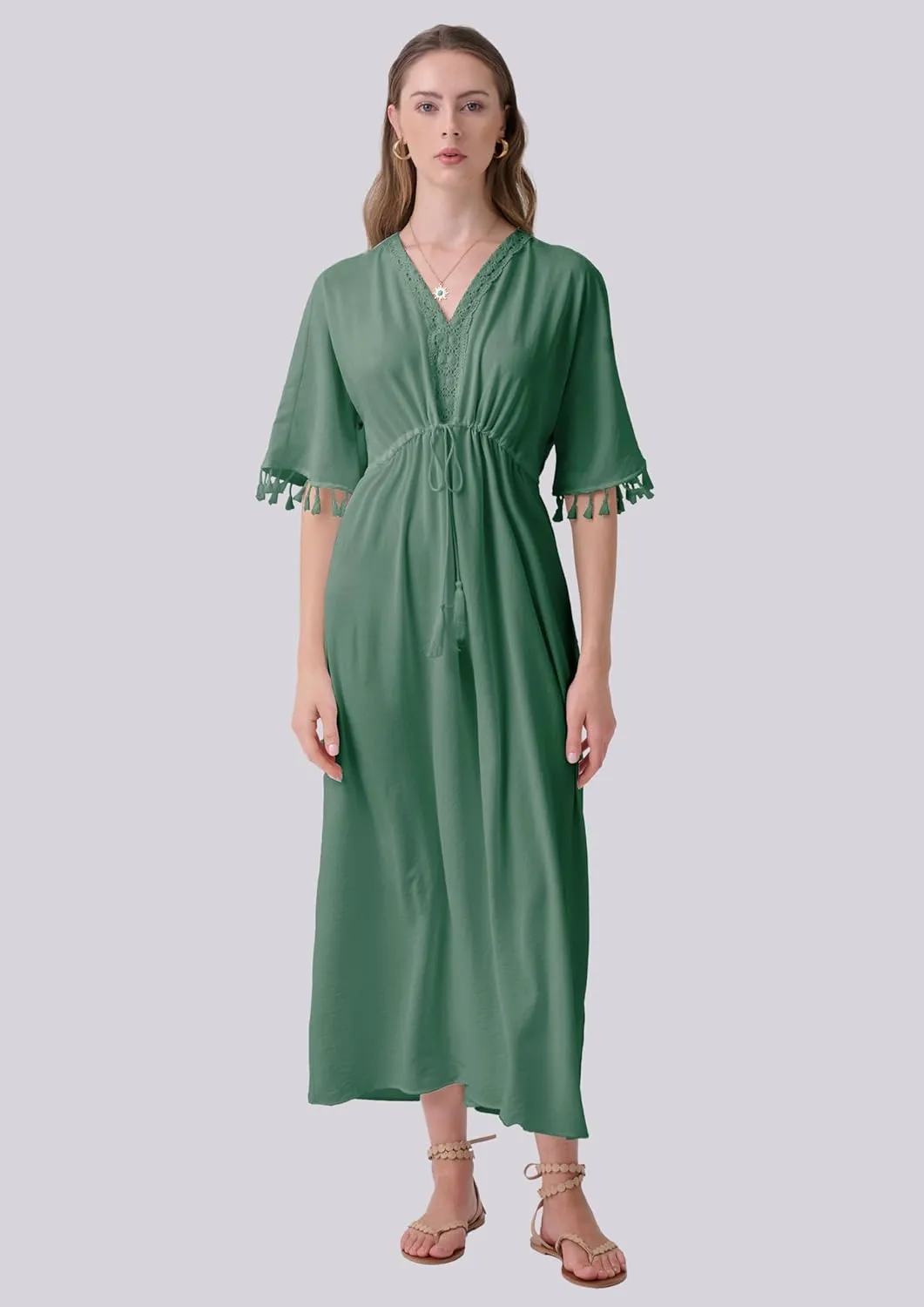 Boho Maxi Dress Lace V Neck Dress for Women 2024 Summer Tassel Short Sleeve Dress Drawstring Waist