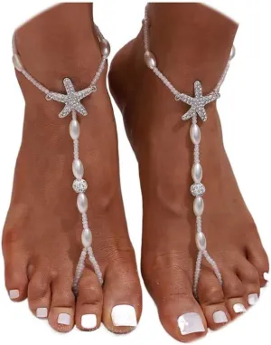 Boho Pearl Barefoot Sandals Beaded Anklets Bracelet Starfish Wedding Foot Chain jewelry 2pcs for Women and Girls