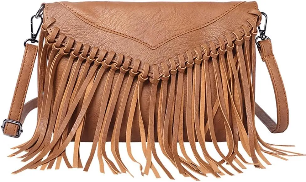 Boho Women's PU Leather Hobo Fringe Crossbody Tassel Purse Vintage Small Handbag (Black)