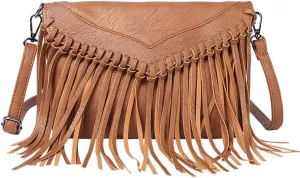 Boho Women's PU Leather Hobo Fringe Crossbody Tassel Purse Vintage Small Handbag (Black)