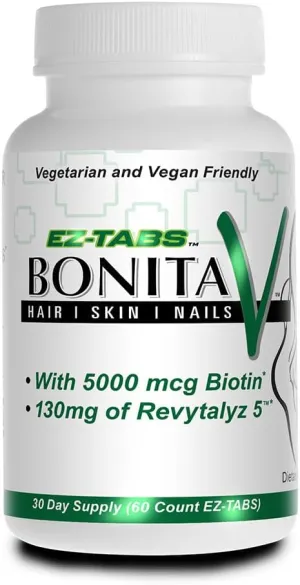 Bonita V Vegan Hair Nails and Skin Vitamins for Women - 20 Active Ingredients Including Biotin - Stronger Nails, Healthy Skin, Hair Growth - 60 EZ-TAB Veggie Tablets