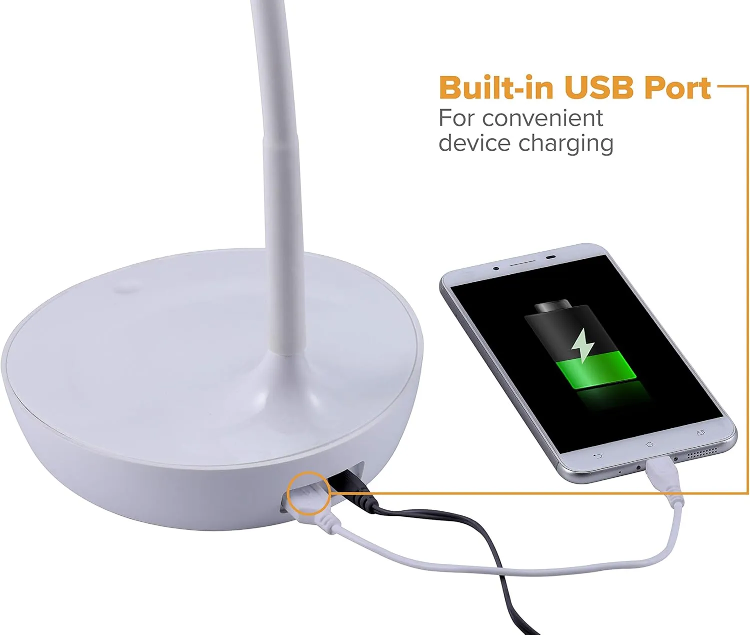 Bostitch Office KT-VLED1502-WHITE Gooseneck LED Desk Lamp with USB Charging Port, Dimmable, White