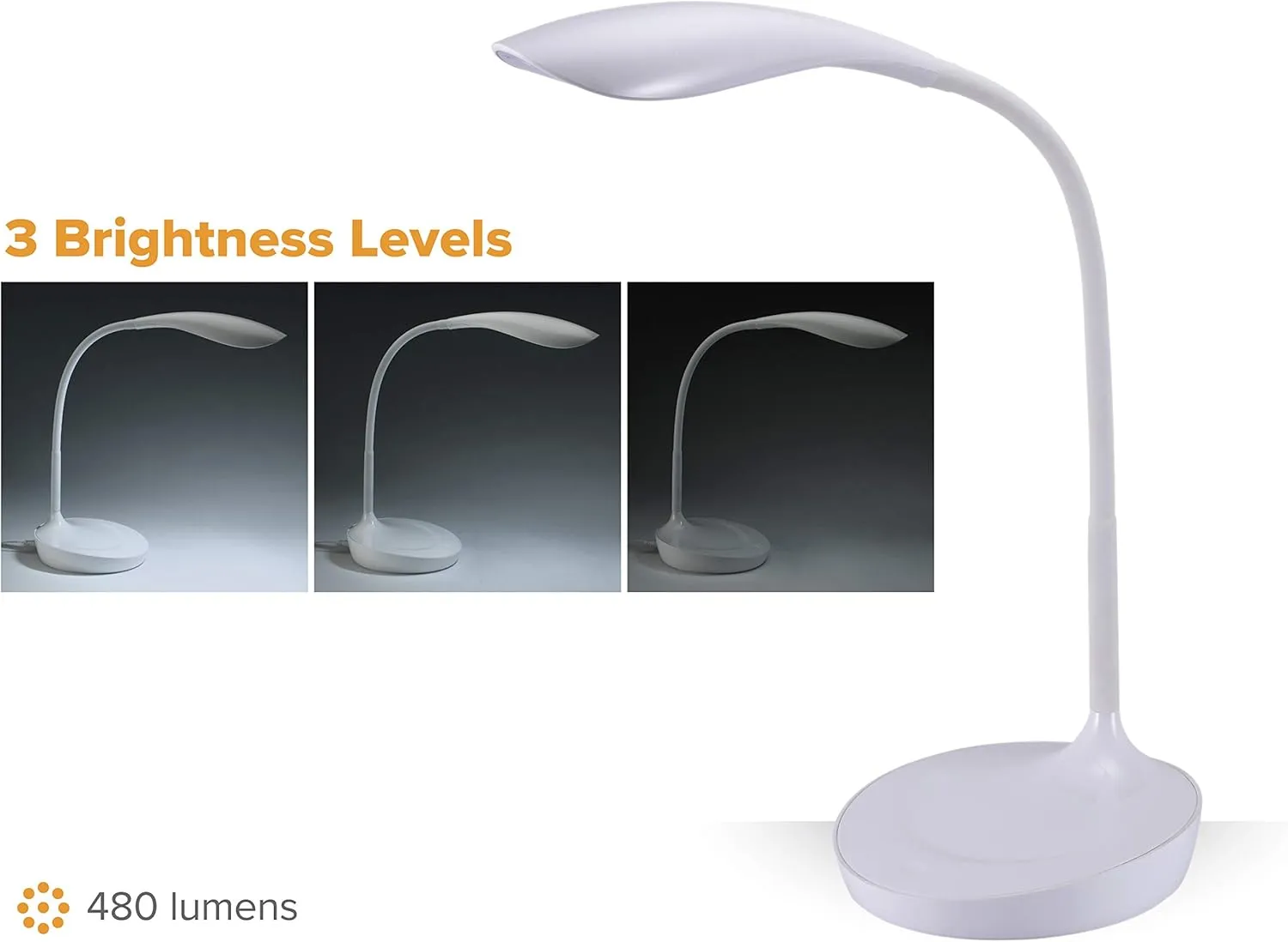 Bostitch Office KT-VLED1502-WHITE Gooseneck LED Desk Lamp with USB Charging Port, Dimmable, White