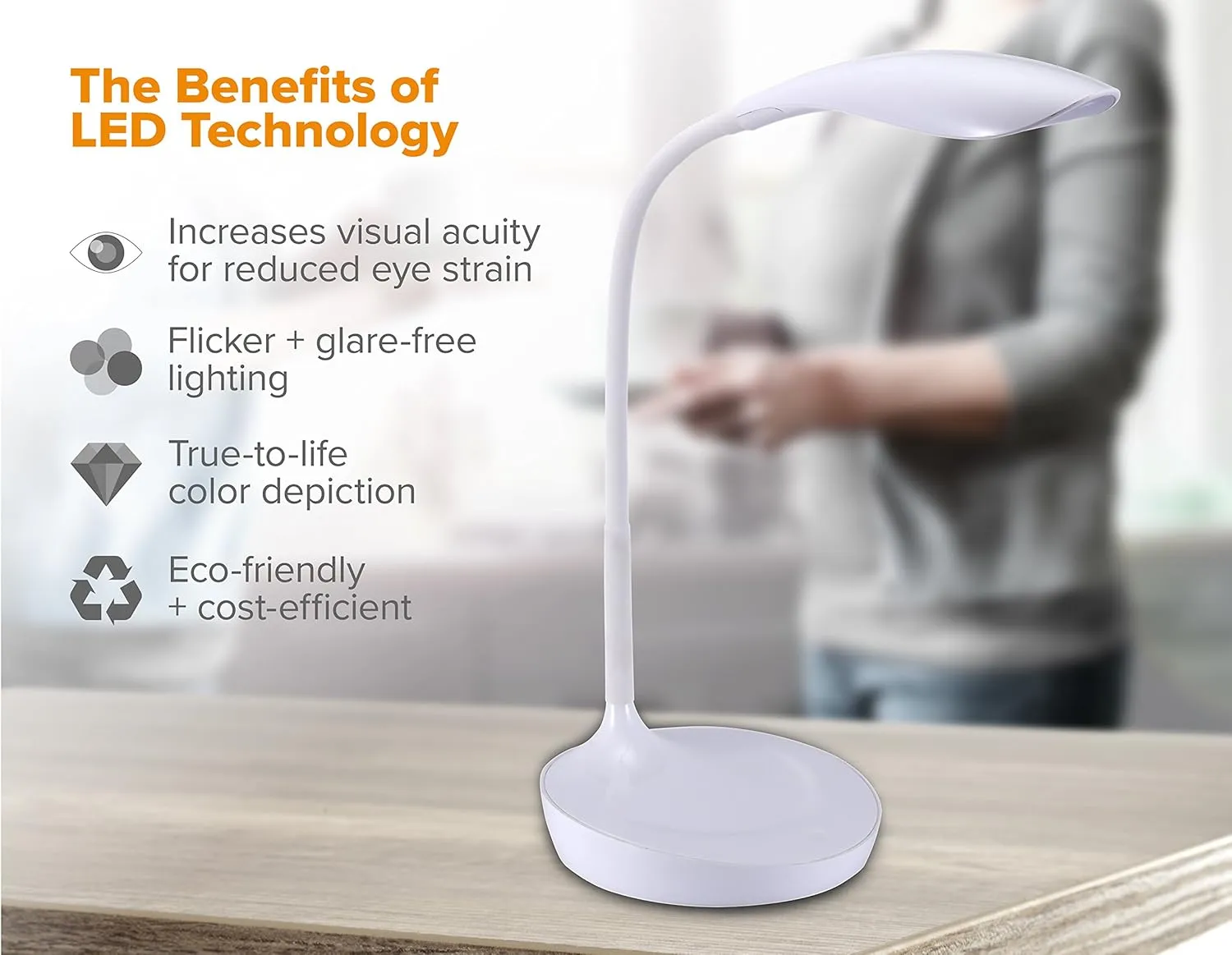 Bostitch Office KT-VLED1502-WHITE Gooseneck LED Desk Lamp with USB Charging Port, Dimmable, White