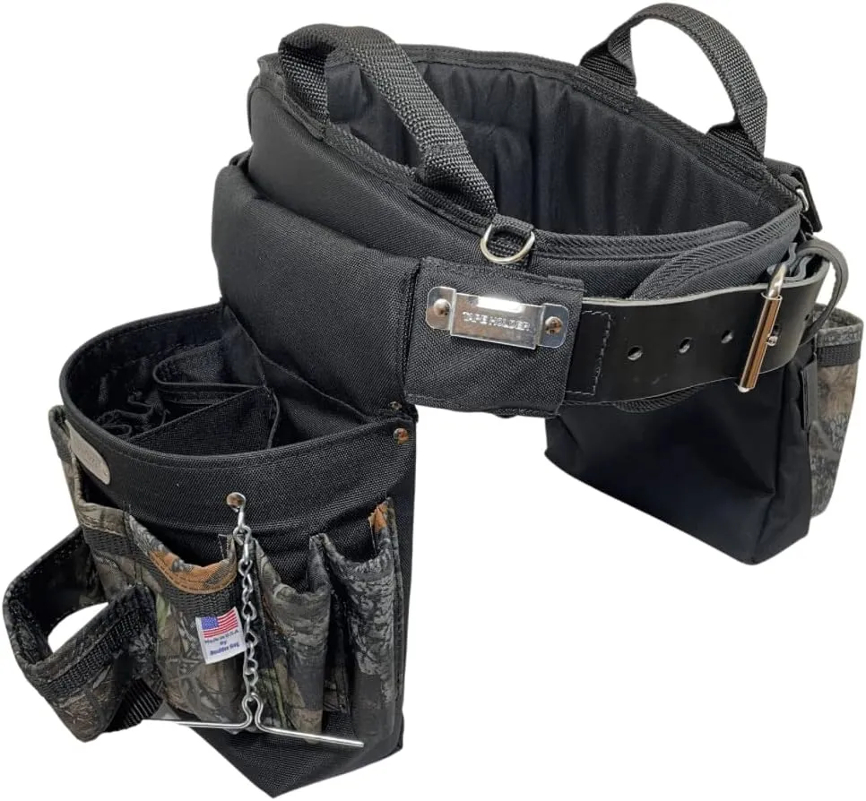 BOULDER BAG Ultimate Electrician's MAX Combo with Comfort Back Support Tool Belt, Leather Belt Buckle, Heavy Duty Tool Belt, Camo - Backwoods, (Small 24-27 Inch Waist), Made in USA