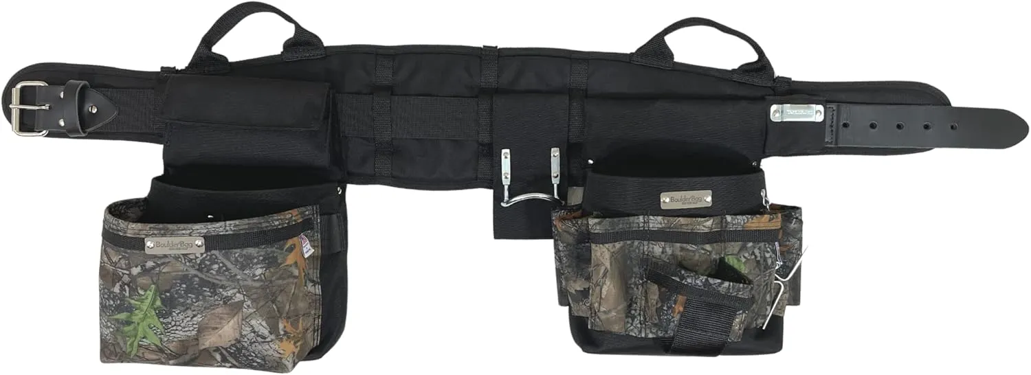 BOULDER BAG Ultimate Electrician's MAX Combo with Comfort Back Support Tool Belt, Leather Belt Buckle, Heavy Duty Tool Belt, Camo - Backwoods, (Small 24-27 Inch Waist), Made in USA