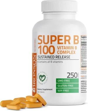Bronson Super B 100 Vitamin B Complex Sustained Release Contains All B Vitamins (Vitamin B1, B2, B3, B6, B9 - Folic Acid, B12) Supports Energy Metabolism & Nervous System Health, Non-GMO, 250 Tablets