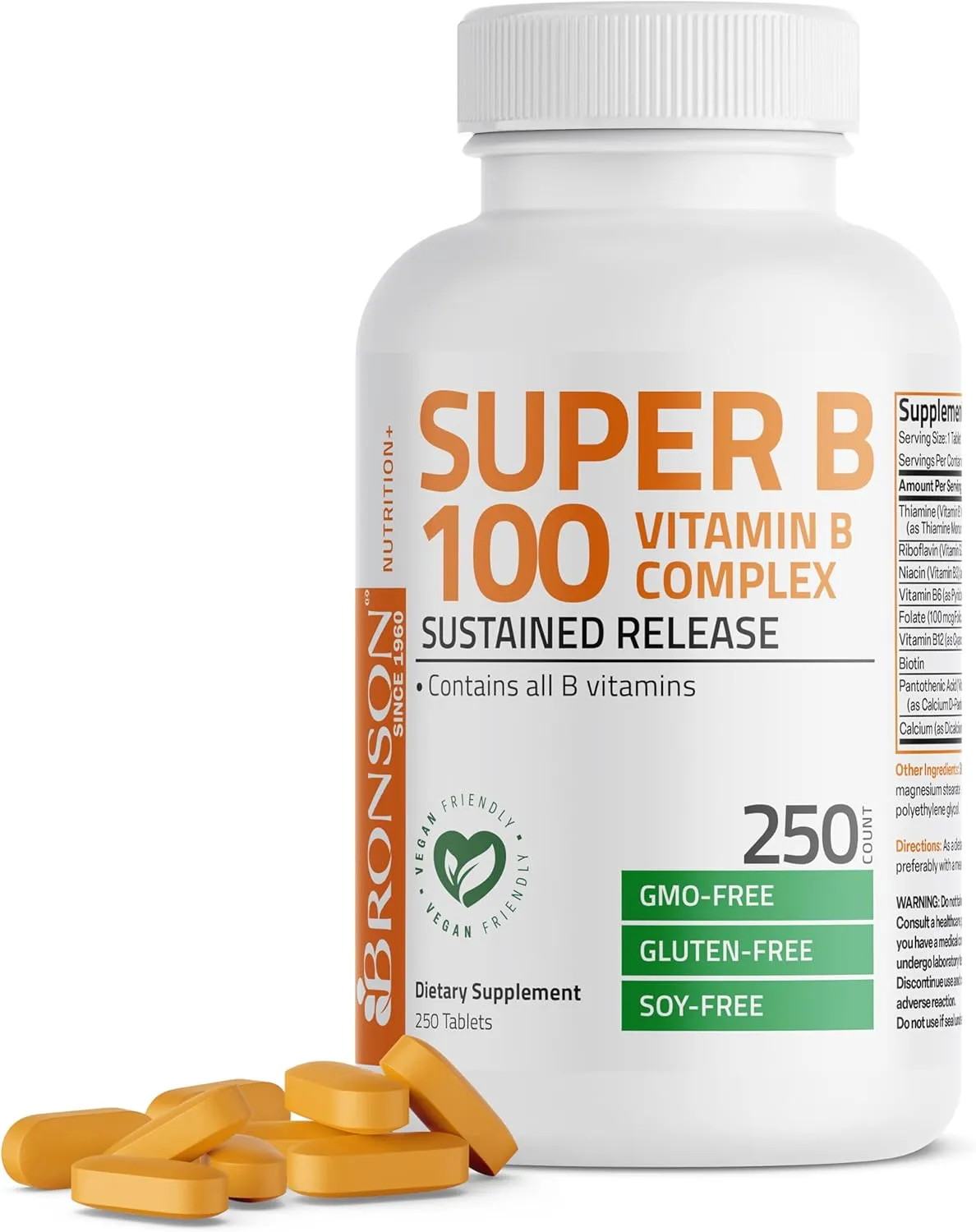Bronson Super B 100 Vitamin B Complex Sustained Release Contains All B Vitamins (Vitamin B1, B2, B3, B6, B9 - Folic Acid, B12) Supports Energy Metabolism & Nervous System Health, Non-GMO, 250 Tablets
