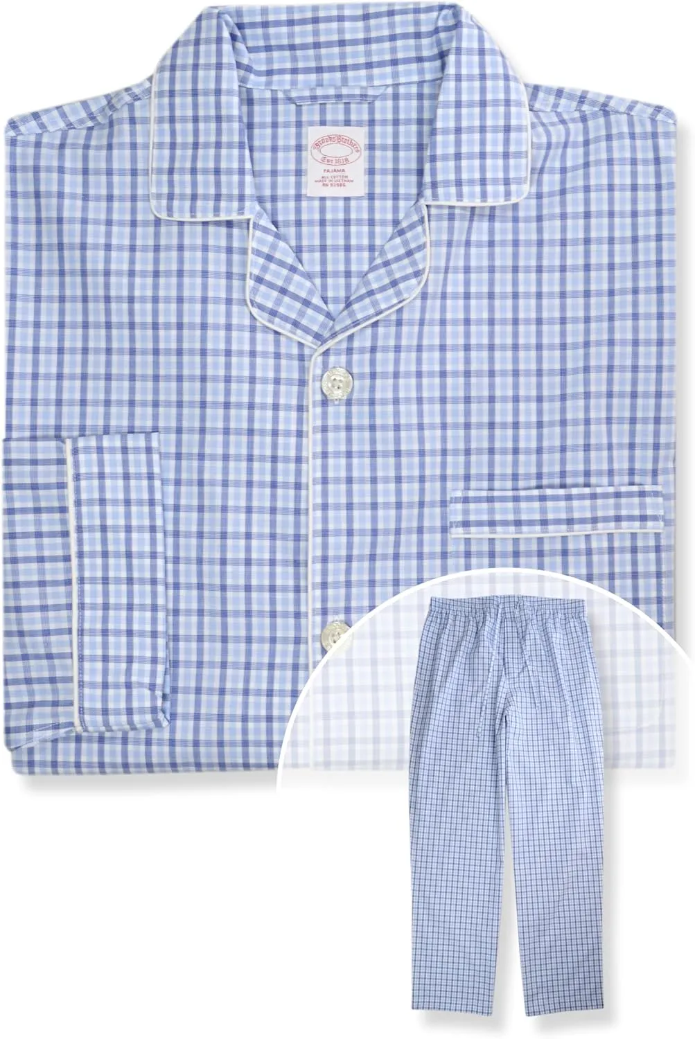 Brooks Brothers Mens Cotton Two Piece Pajama Shirt and Pants Lounge Set,