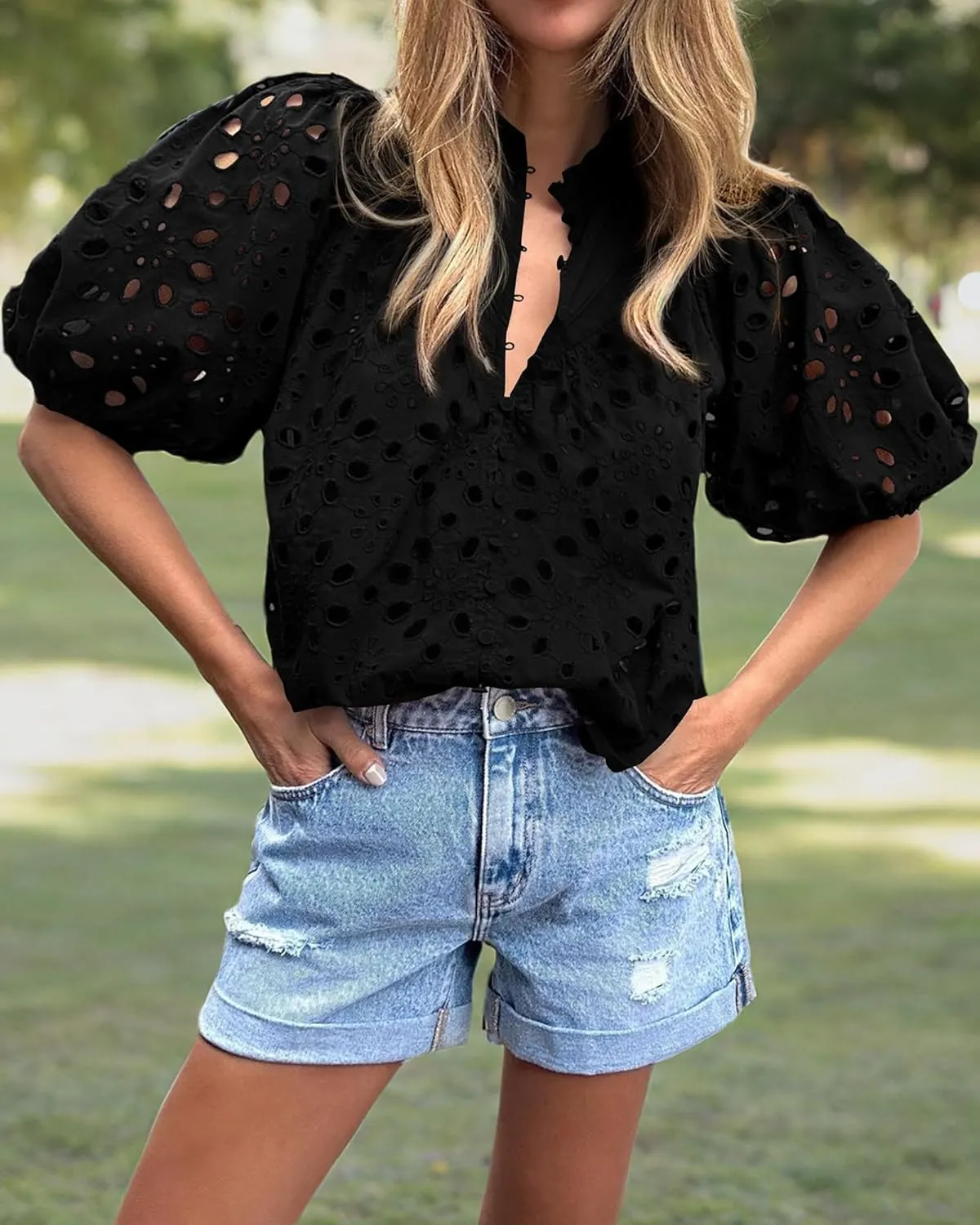 BTFBM Womens Casual Summer Blouse 2025 Hollow Out Eyelet Embroidery Tops V Neck Buttons Puff Short Sleeve Boho Shirts