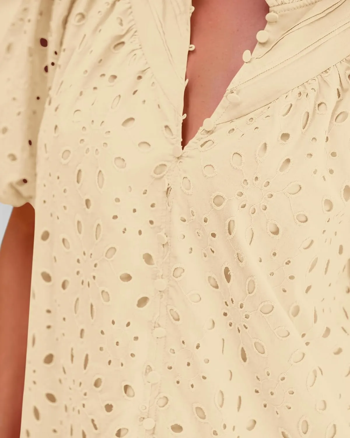 BTFBM Womens Casual Summer Blouse 2025 Hollow Out Eyelet Embroidery Tops V Neck Buttons Puff Short Sleeve Boho Shirts