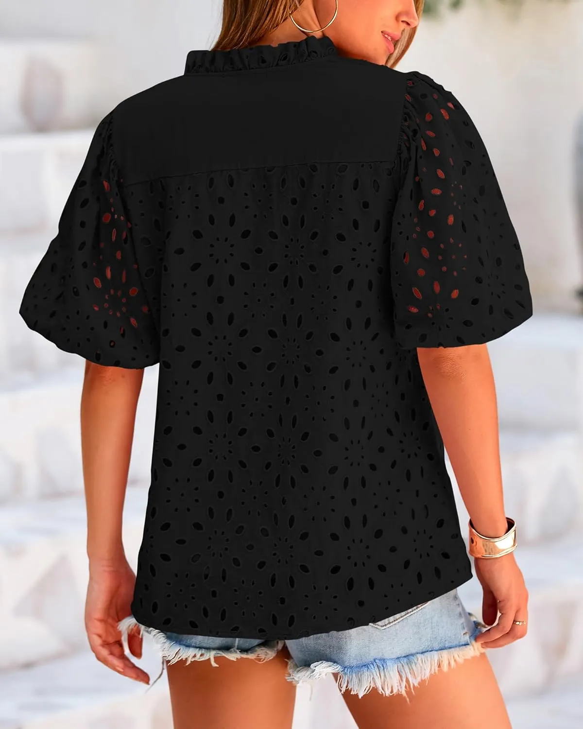 BTFBM Womens Casual Summer Blouse 2025 Hollow Out Eyelet Embroidery Tops V Neck Buttons Puff Short Sleeve Boho Shirts