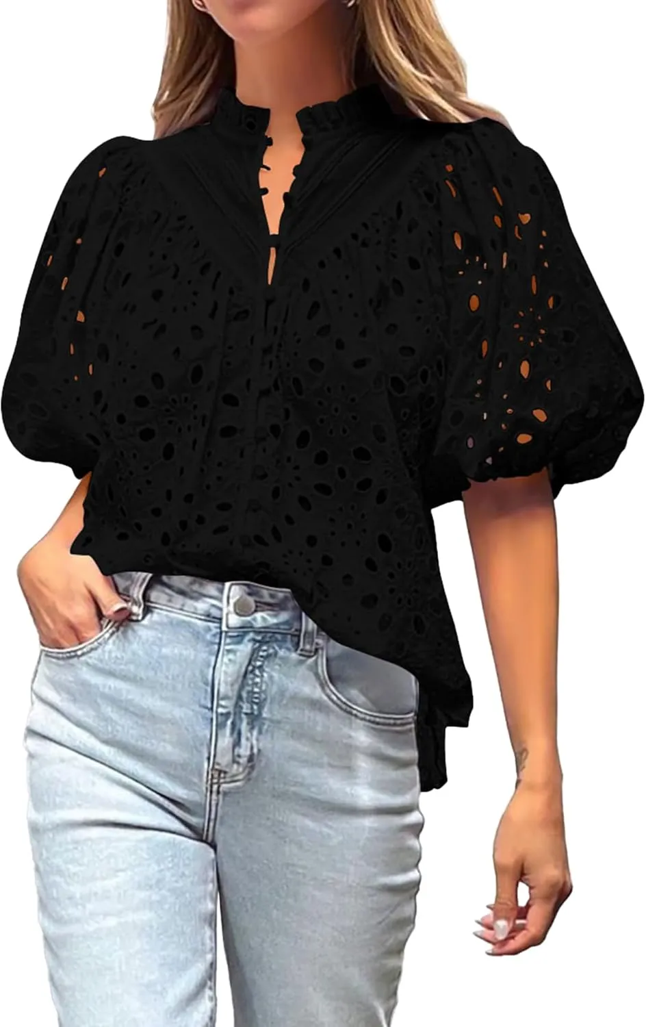BTFBM Womens Casual Summer Blouse 2025 Hollow Out Eyelet Embroidery Tops V Neck Buttons Puff Short Sleeve Boho Shirts