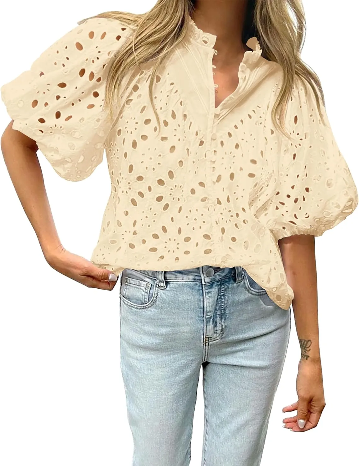 BTFBM Womens Casual Summer Blouse 2025 Hollow Out Eyelet Embroidery Tops V Neck Buttons Puff Short Sleeve Boho Shirts