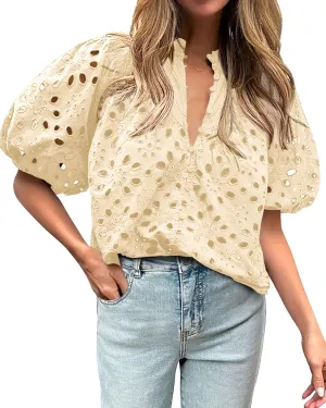 BTFBM Womens Casual Summer Blouse 2025 Hollow Out Eyelet Embroidery Tops V Neck Buttons Puff Short Sleeve Boho Shirts