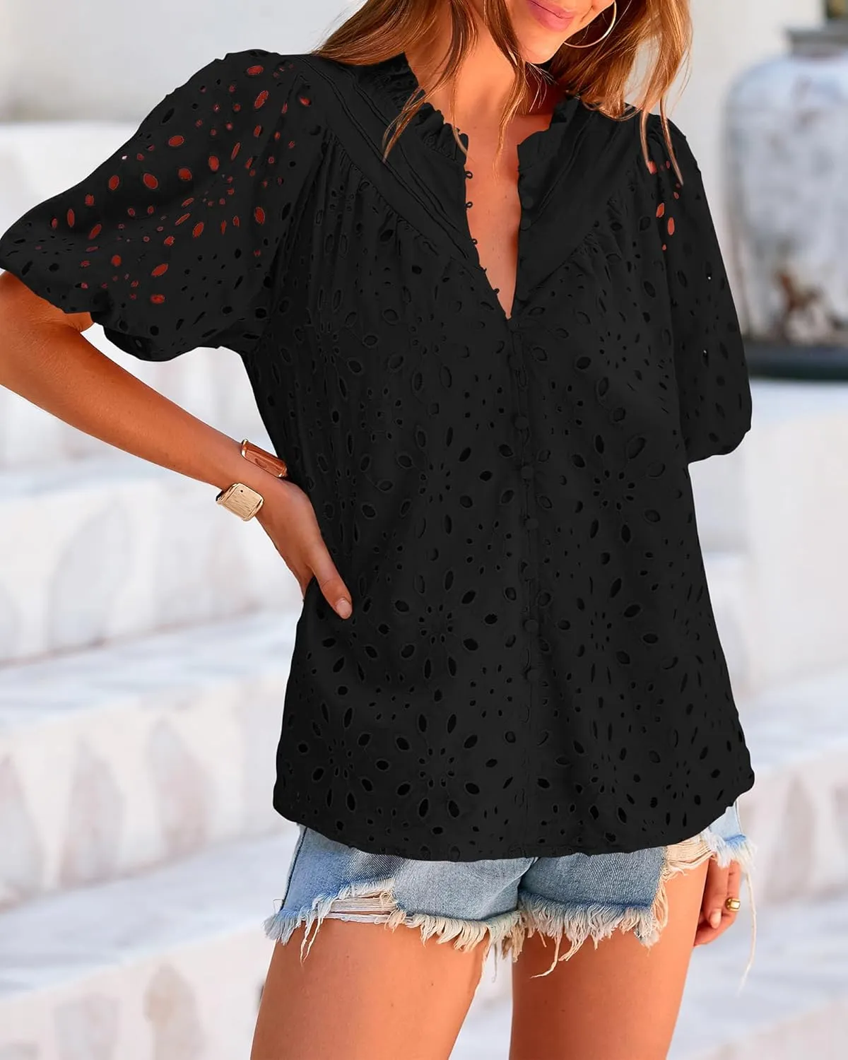 BTFBM Womens Casual Summer Blouse 2025 Hollow Out Eyelet Embroidery Tops V Neck Buttons Puff Short Sleeve Boho Shirts