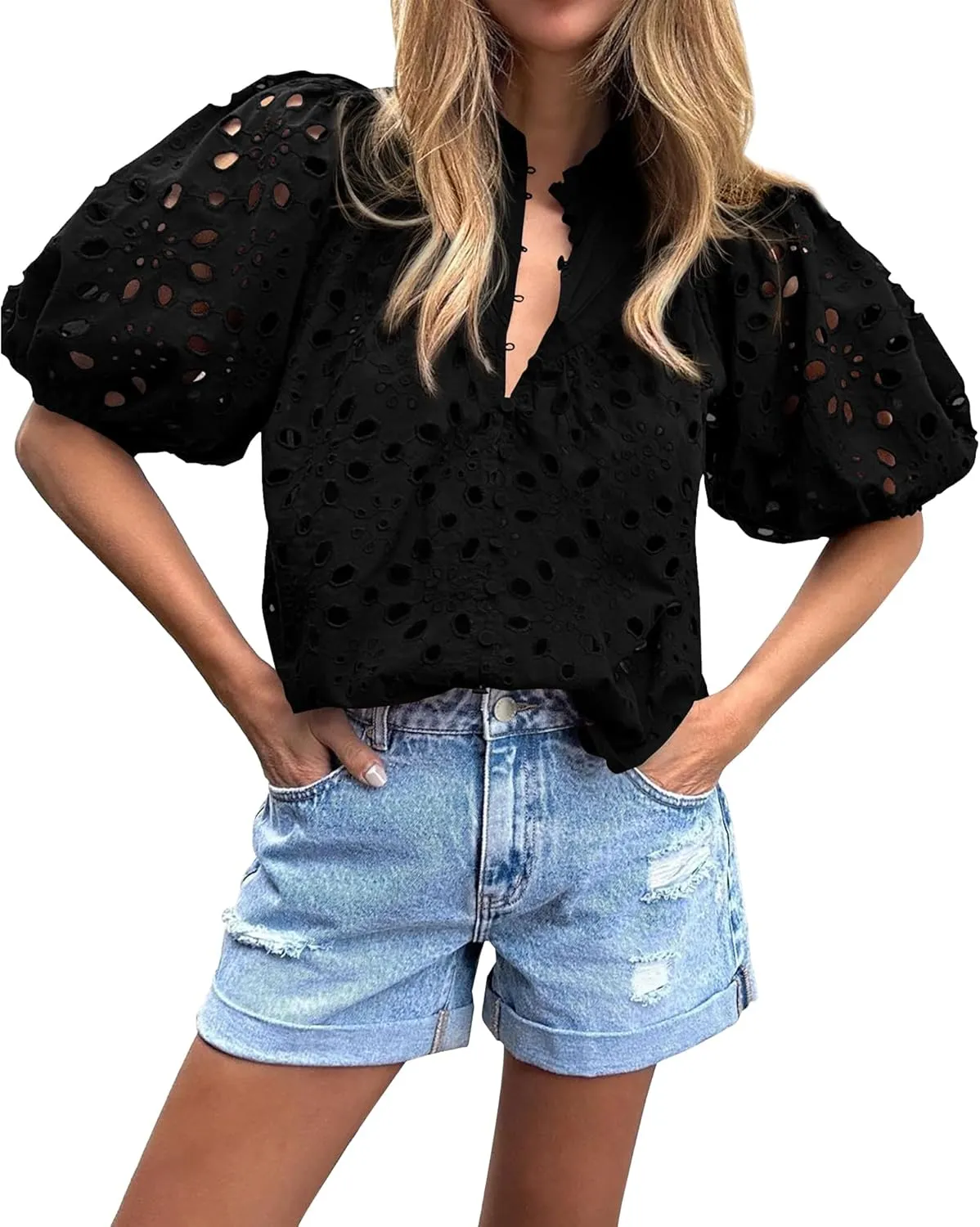 BTFBM Womens Casual Summer Blouse 2025 Hollow Out Eyelet Embroidery Tops V Neck Buttons Puff Short Sleeve Boho Shirts