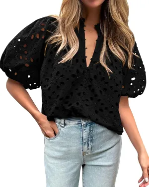 BTFBM Womens Casual Summer Blouse 2025 Hollow Out Eyelet Embroidery Tops V Neck Buttons Puff Short Sleeve Boho Shirts