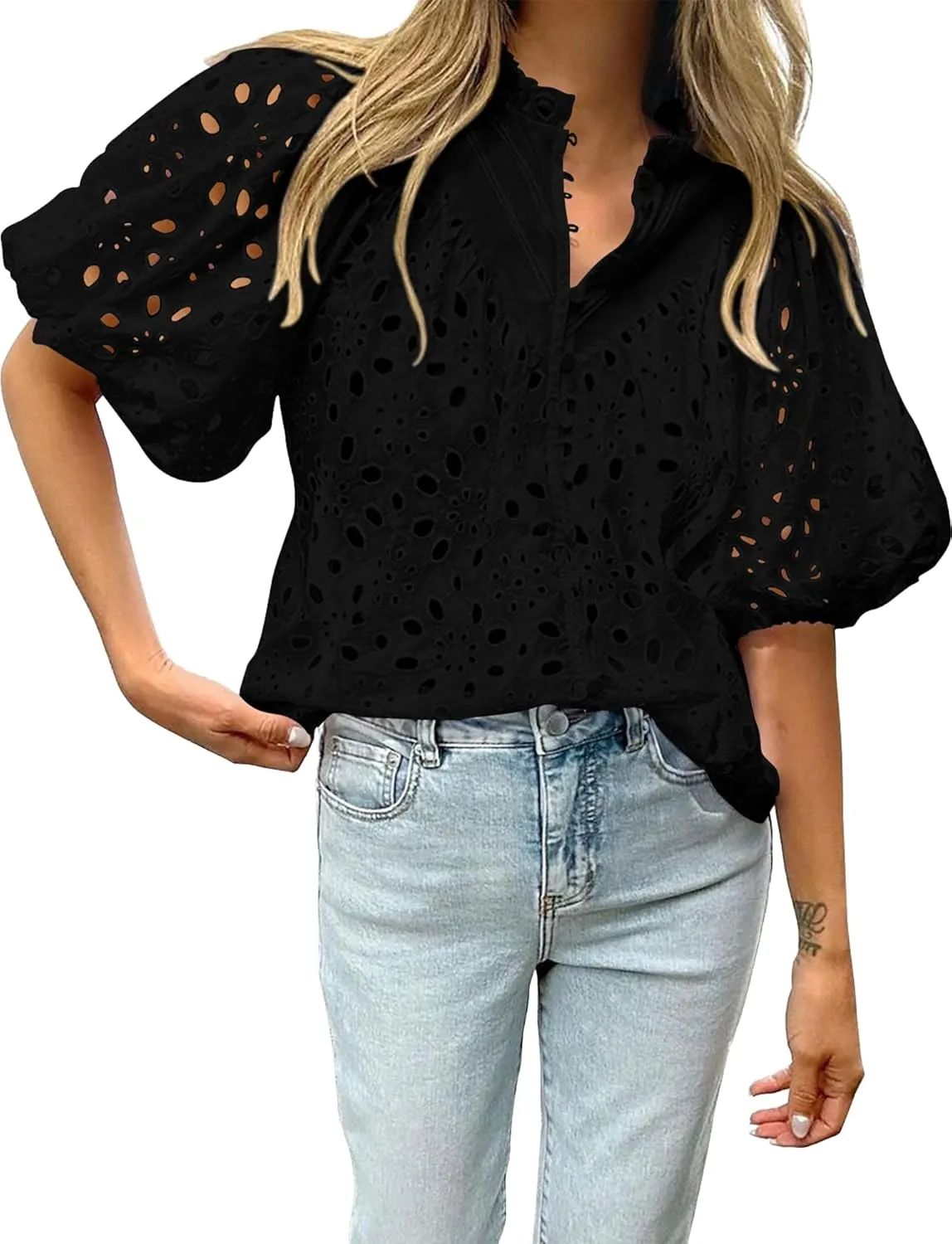 BTFBM Womens Casual Summer Blouse 2025 Hollow Out Eyelet Embroidery Tops V Neck Buttons Puff Short Sleeve Boho Shirts