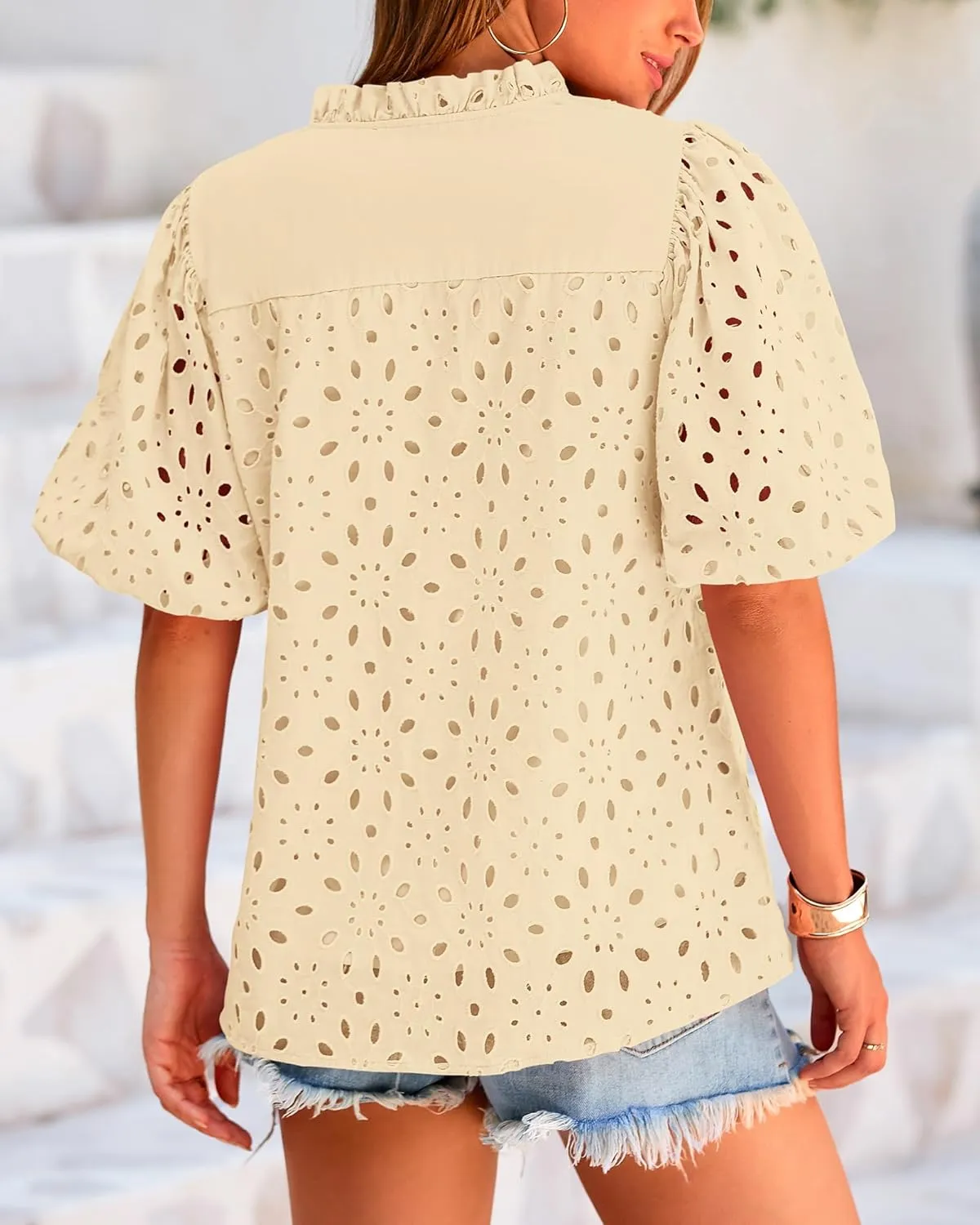 BTFBM Womens Casual Summer Blouse 2025 Hollow Out Eyelet Embroidery Tops V Neck Buttons Puff Short Sleeve Boho Shirts
