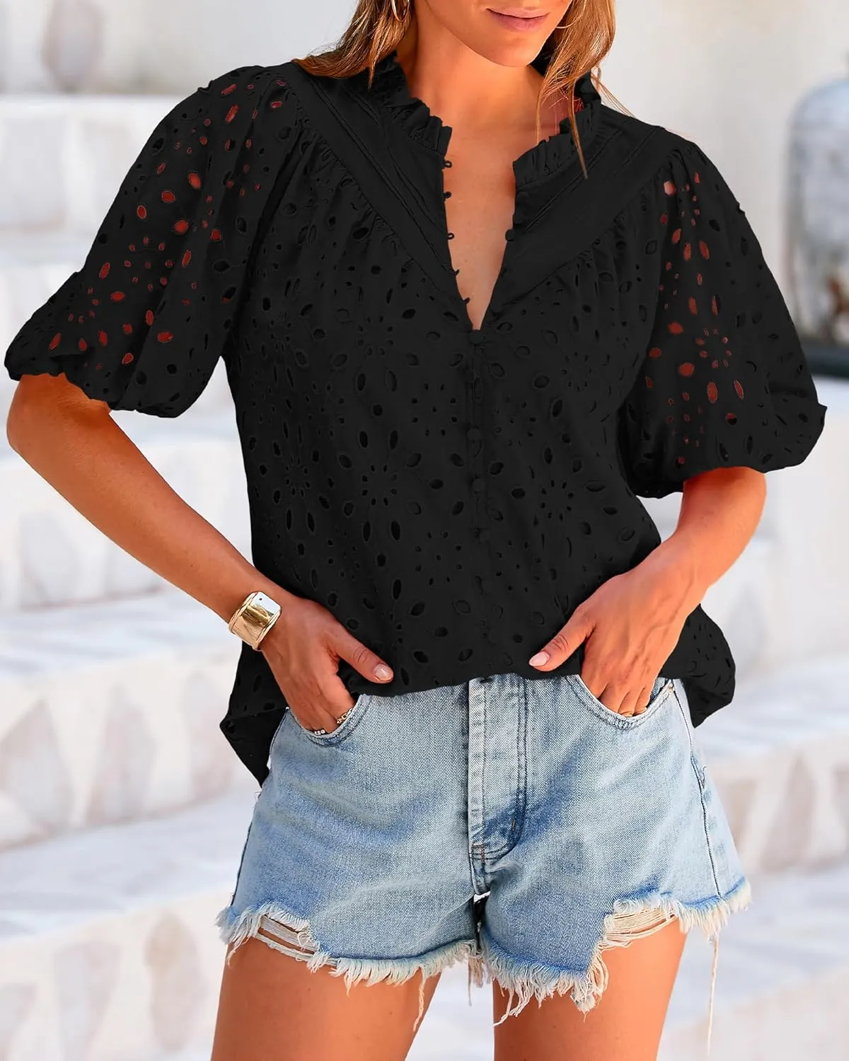 BTFBM Womens Casual Summer Blouse 2025 Hollow Out Eyelet Embroidery Tops V Neck Buttons Puff Short Sleeve Boho Shirts