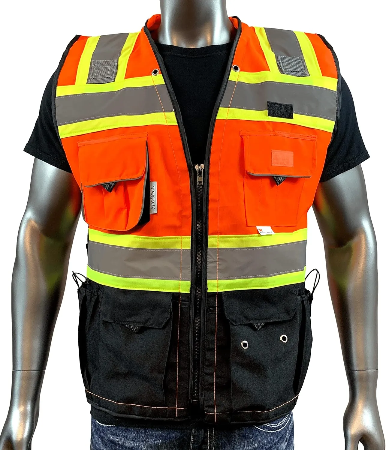 (C Vest For Mens Black Series Safety Vest With Zipper and Utility Pockets Premium Black Series Surveyors Vest (Medium, Orange/Black)