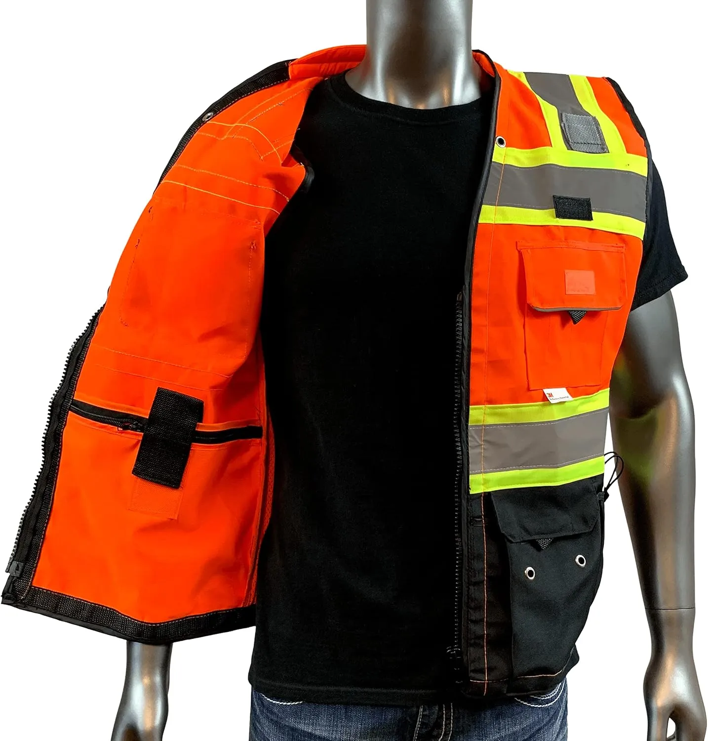 (C Vest For Mens Black Series Safety Vest With Zipper and Utility Pockets Premium Black Series Surveyors Vest (Medium, Orange/Black)