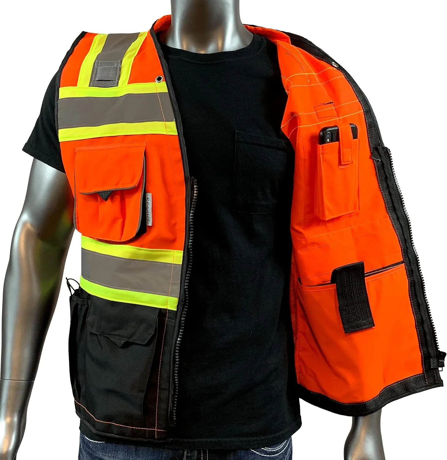 (C Vest For Mens Black Series Safety Vest With Zipper and Utility Pockets Premium Black Series Surveyors Vest (Medium, Orange/Black)