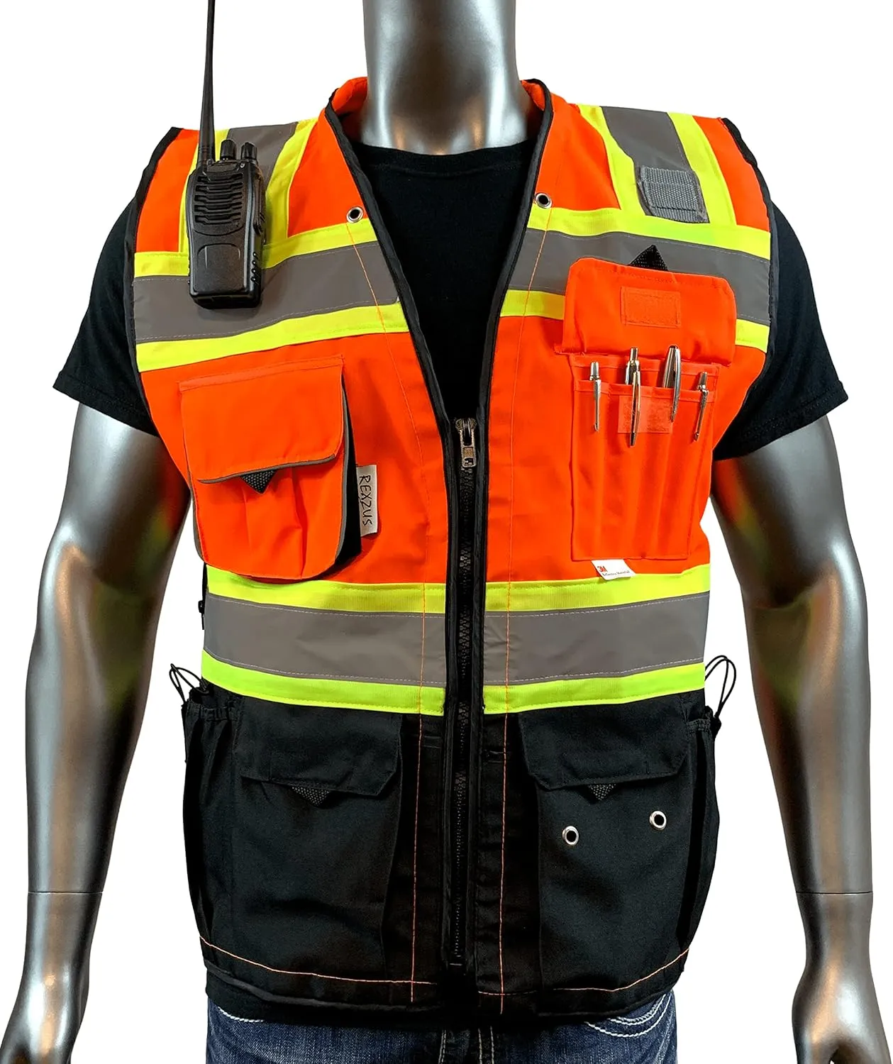 (C Vest For Mens Black Series Safety Vest With Zipper and Utility Pockets Premium Black Series Surveyors Vest (Medium, Orange/Black)
