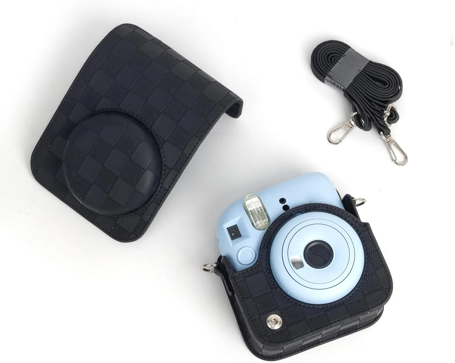 Camera Case Compatible with Fujifilm Instax Mini 12 Instant Camera, Checkerboard Style Camera Carry Bag for Polaroid Instax Mini 12 with Strap - Classic Black