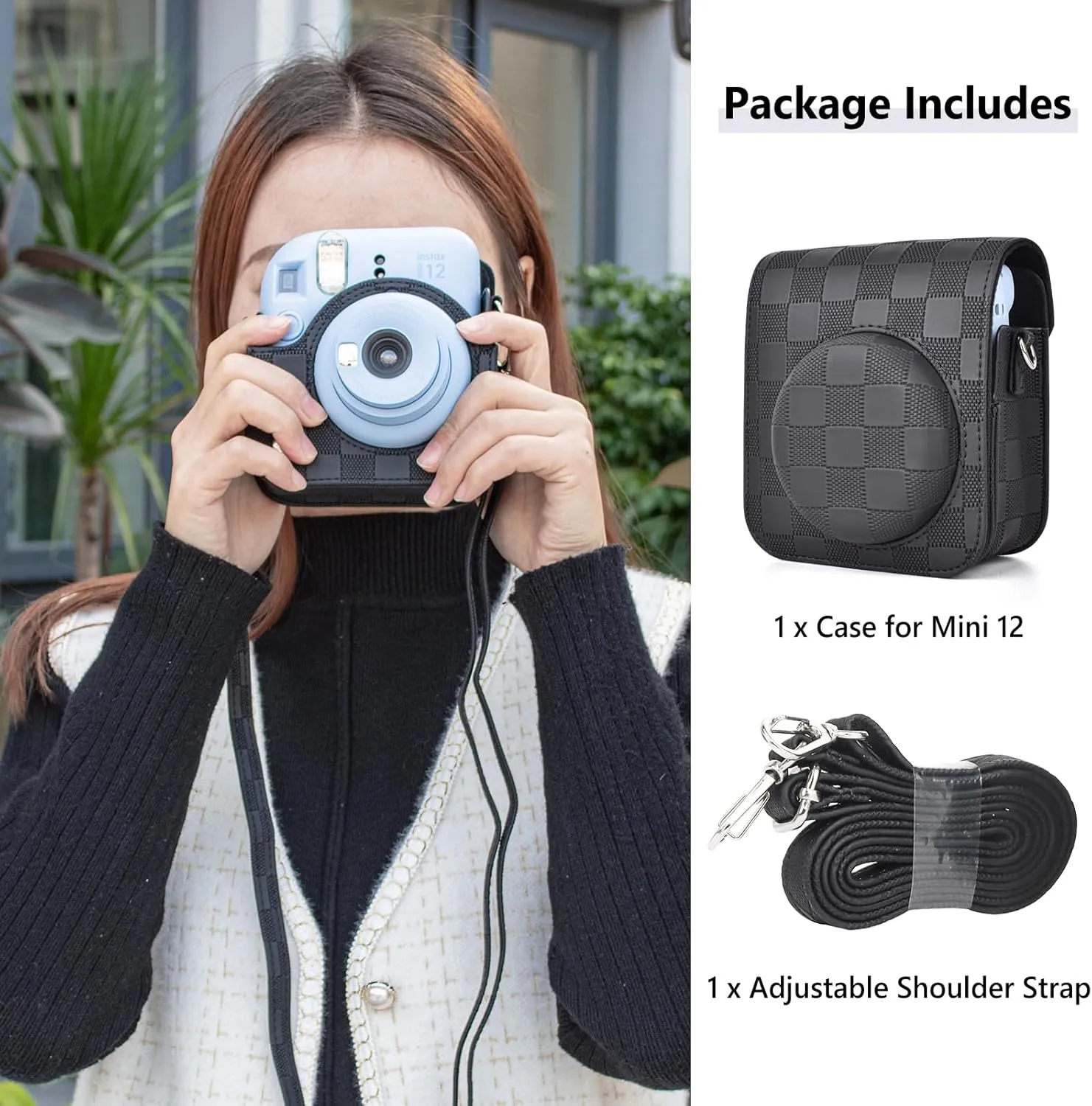 Camera Case Compatible with Fujifilm Instax Mini 12 Instant Camera, Checkerboard Style Camera Carry Bag for Polaroid Instax Mini 12 with Strap - Classic Black