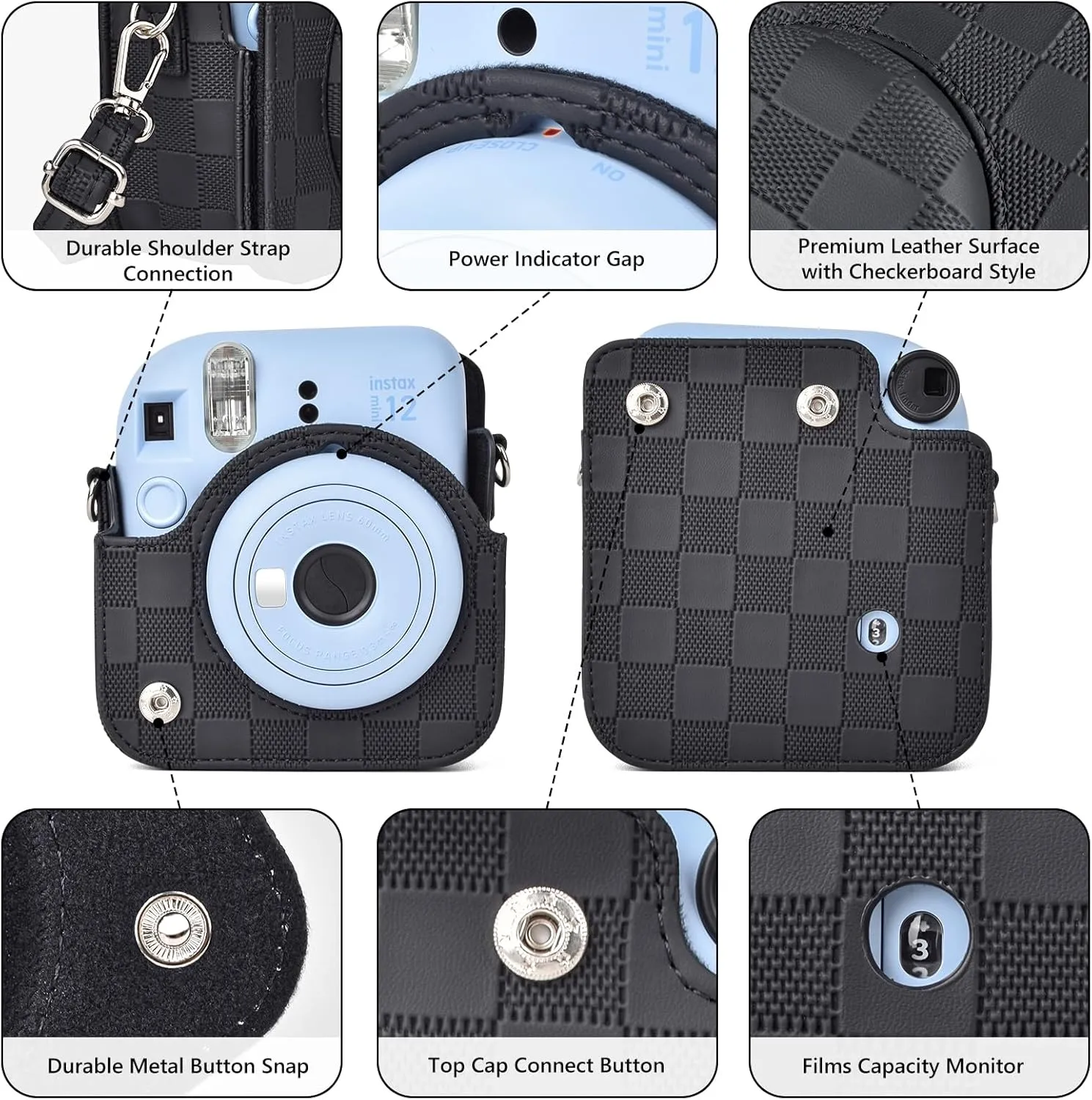 Camera Case Compatible with Fujifilm Instax Mini 12 Instant Camera, Checkerboard Style Camera Carry Bag for Polaroid Instax Mini 12 with Strap - Classic Black