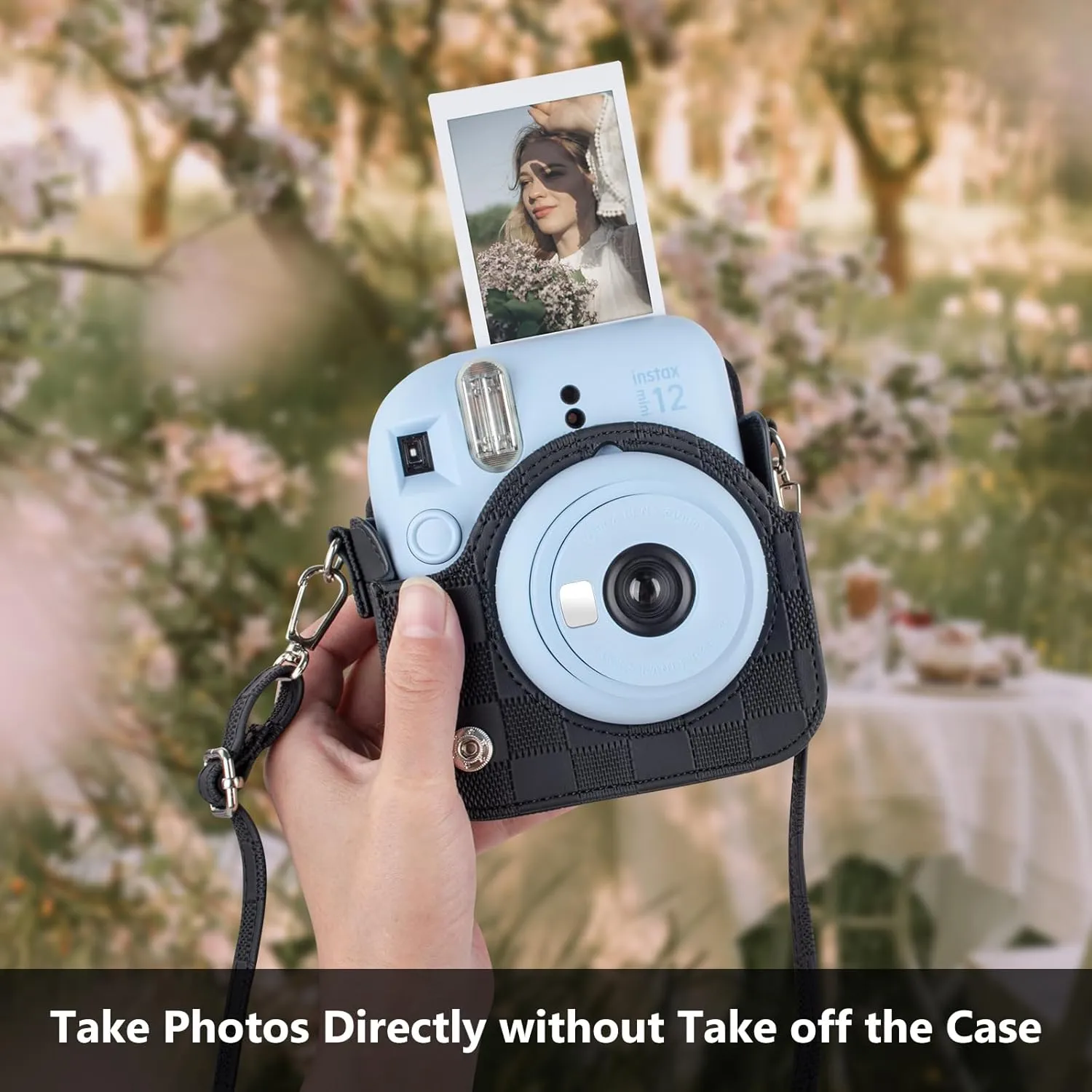 Camera Case Compatible with Fujifilm Instax Mini 12 Instant Camera, Checkerboard Style Camera Carry Bag for Polaroid Instax Mini 12 with Strap - Classic Black