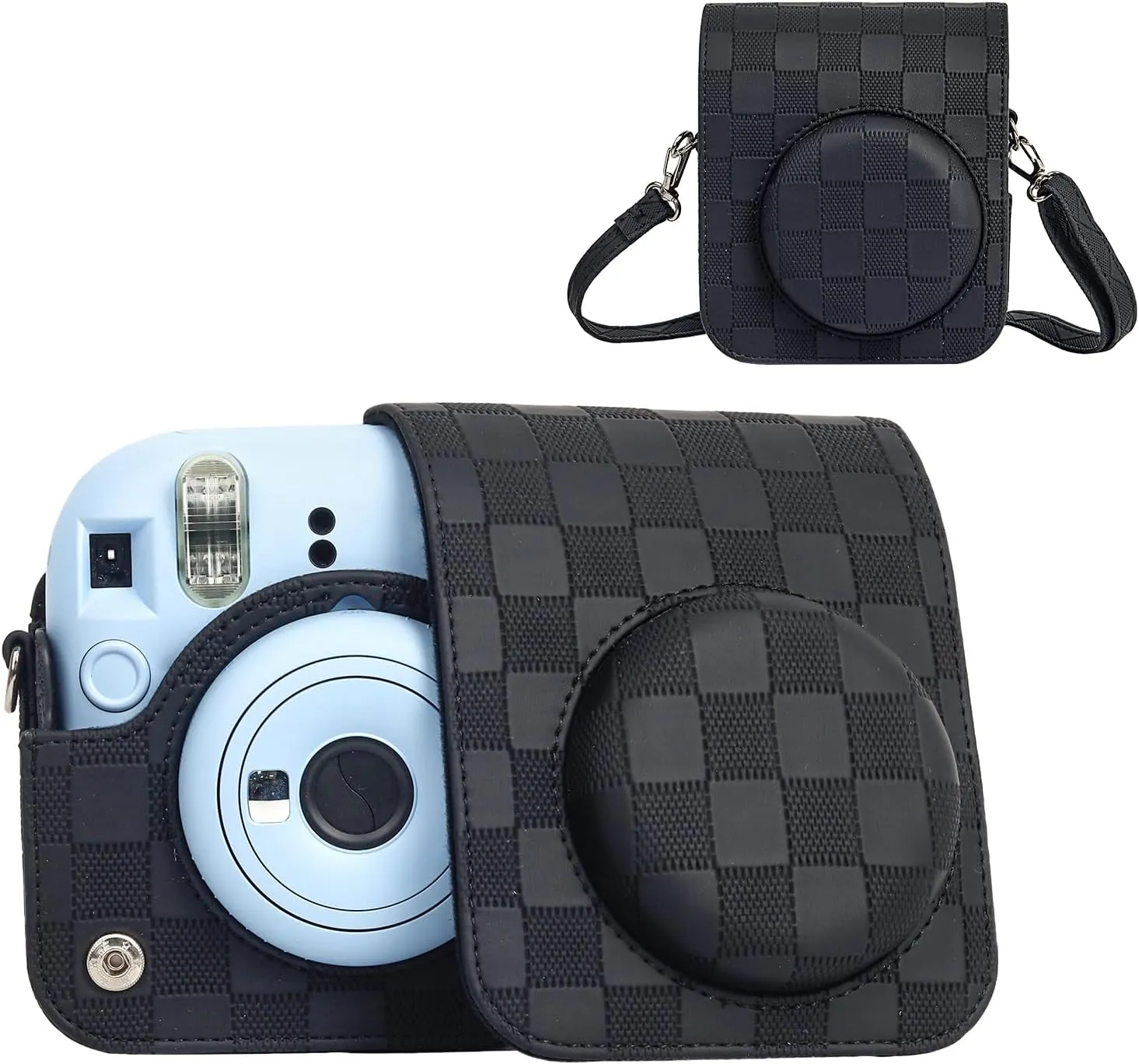 Camera Case Compatible with Fujifilm Instax Mini 12 Instant Camera, Checkerboard Style Camera Carry Bag for Polaroid Instax Mini 12 with Strap - Classic Black