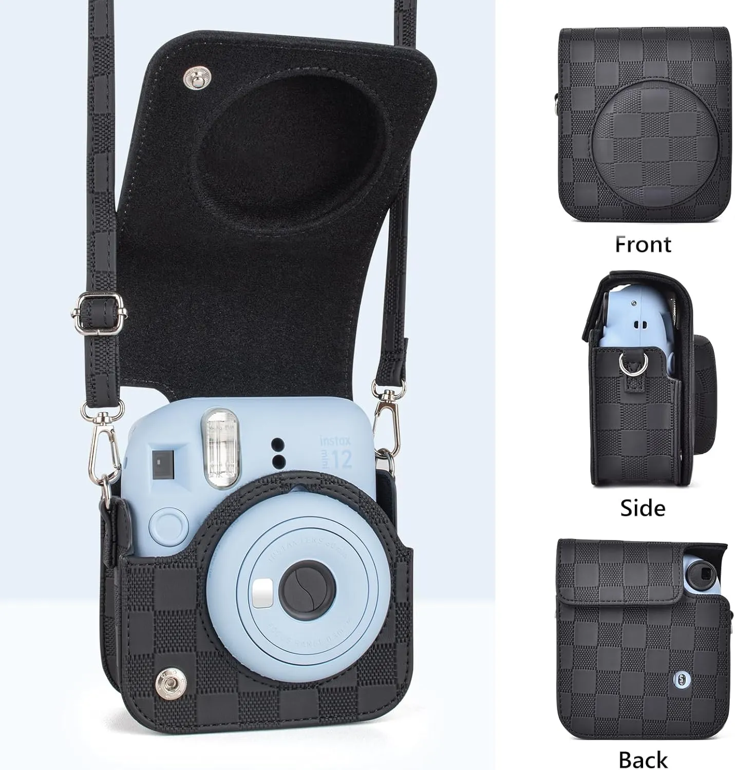 Camera Case Compatible with Fujifilm Instax Mini 12 Instant Camera, Checkerboard Style Camera Carry Bag for Polaroid Instax Mini 12 with Strap - Classic Black