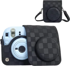 Camera Case Compatible with Fujifilm Instax Mini 12 Instant Camera, Checkerboard Style Camera Carry Bag for Polaroid Instax Mini 12 with Strap - Classic Black
