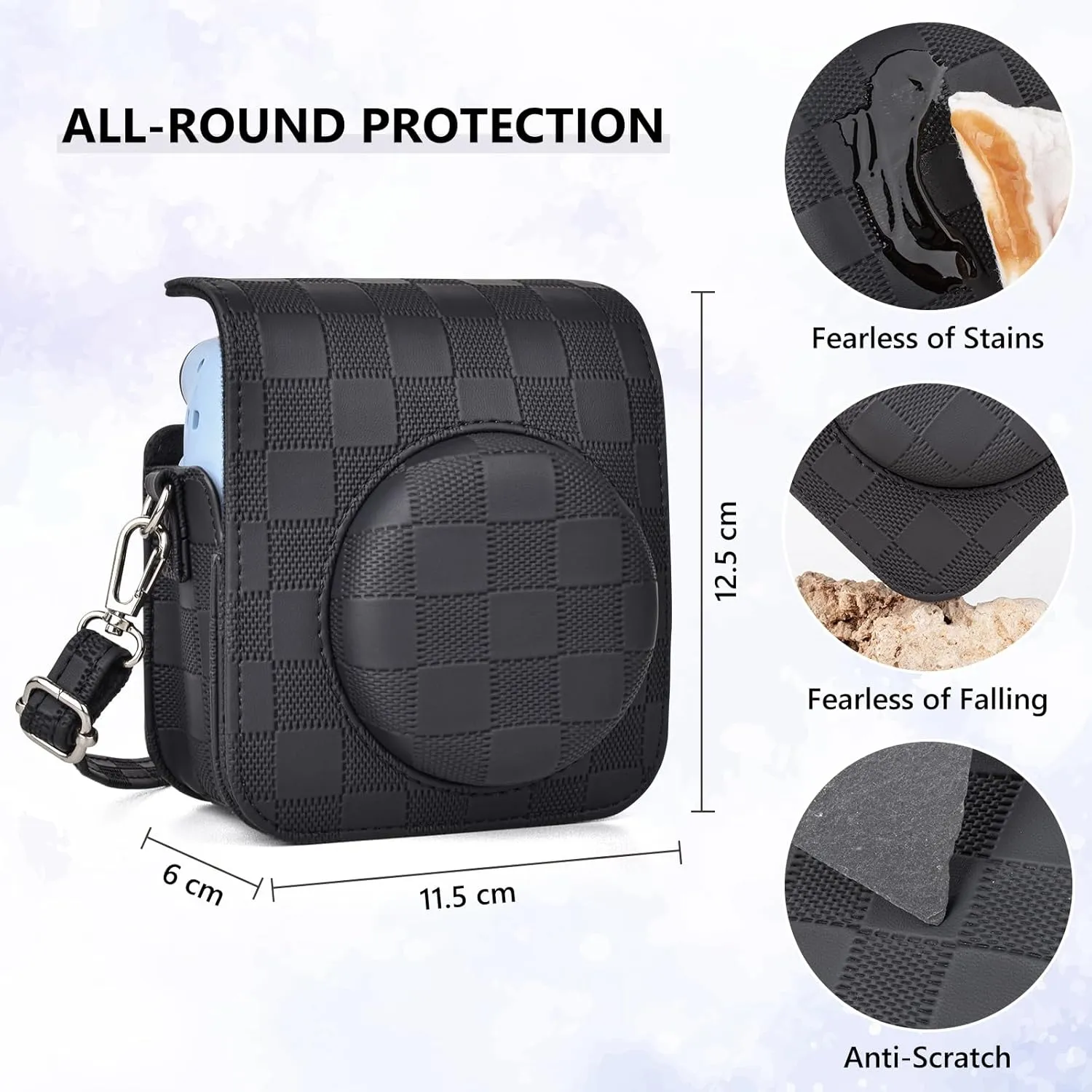 Camera Case Compatible with Fujifilm Instax Mini 12 Instant Camera, Checkerboard Style Camera Carry Bag for Polaroid Instax Mini 12 with Strap - Classic Black