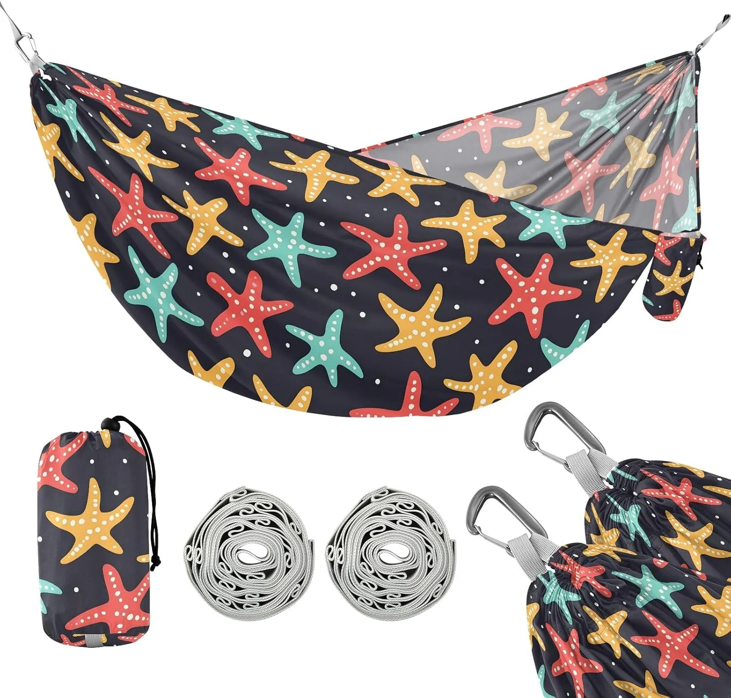 Camping Hammock Outdoor Hammocks for Outside Starfish Black Beach Trees Portable Lightweight with Pockets Tree Straps Indoor