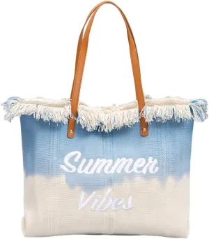 Canvas Tote Bag Embroidered Fringe Large Recycled Gradient Casual Shoulder Summer Beach Bag for Daily Use Travel Gym