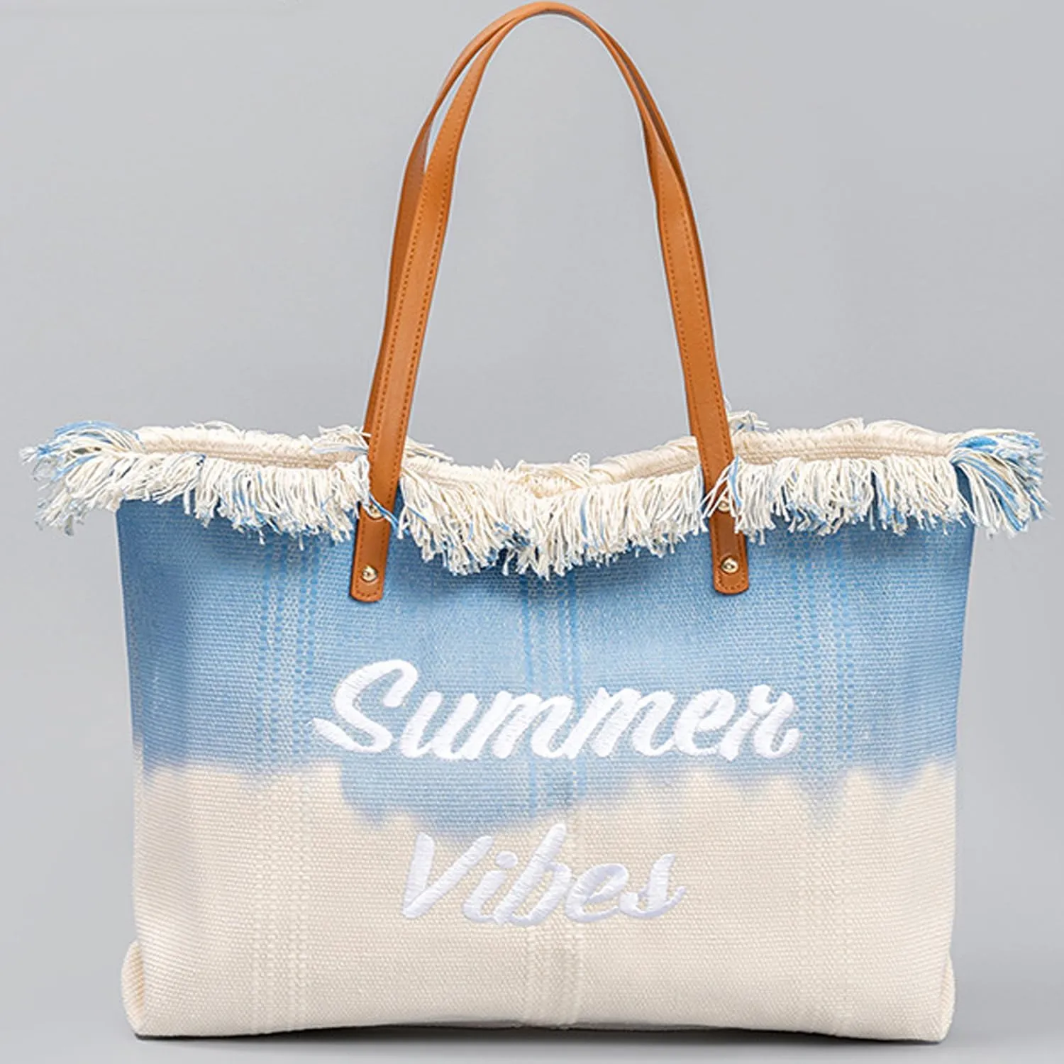 Canvas Tote Bag Embroidered Fringe Large Recycled Gradient Casual Shoulder Summer Beach Bag for Daily Use Travel Gym