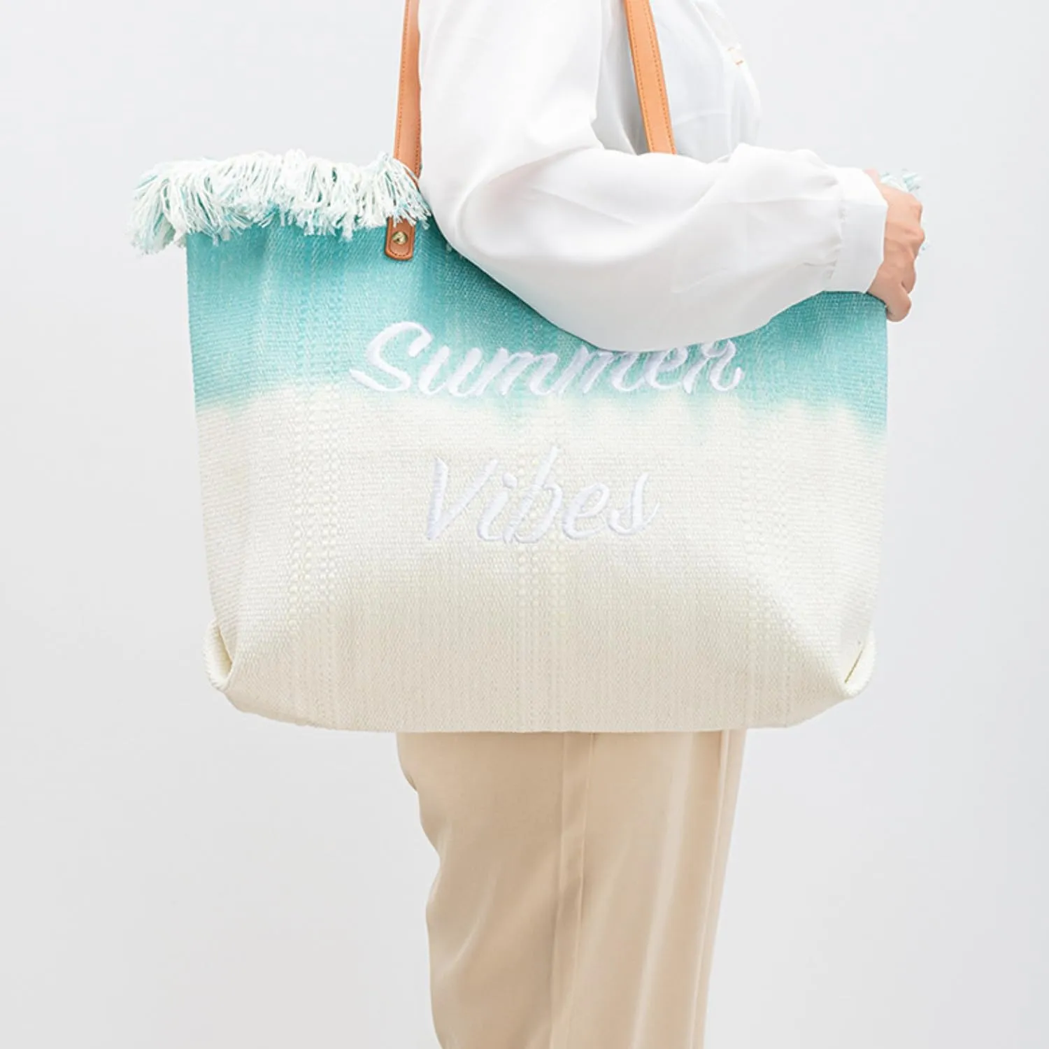 Canvas Tote Bag Embroidered Fringe Large Recycled Gradient Casual Shoulder Summer Beach Bag for Daily Use Travel Gym