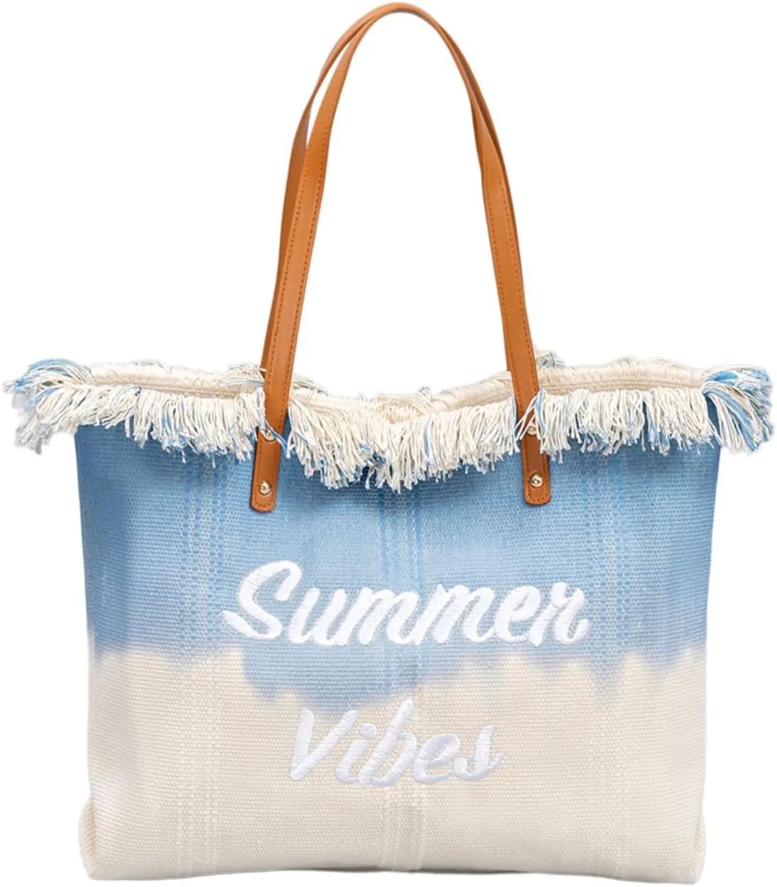 Canvas Tote Bag Embroidered Fringe Large Recycled Gradient Casual Shoulder Summer Beach Bag for Daily Use Travel Gym