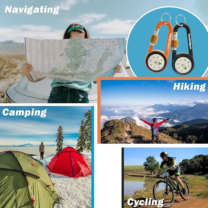 Carabiner Clip On Compass Hiking - Compact Compass Keychain Backpacks | Small Pocket Magnetic Compass Keychain for Kids - Hiking Compass Twist Lock | Keyring Keychains Outdoor Survival Camping 2 pcs