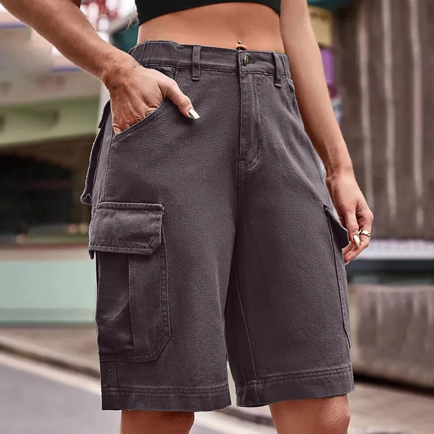 Cargo Shorts for Women Trendy Elastic High Waisted Knee Length Shorts Loose Casual Outdoor Summer Shorts with Pockets