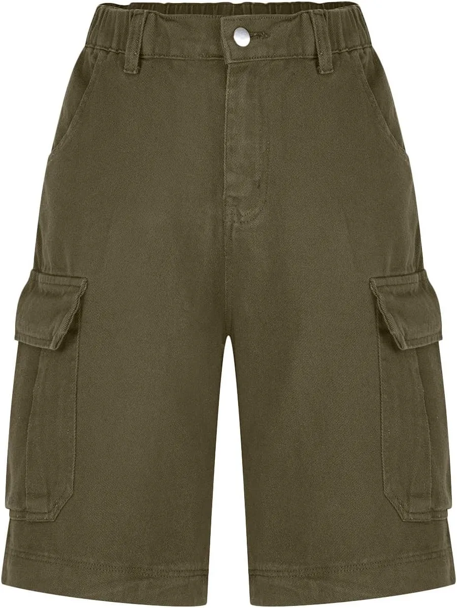 Cargo Shorts for Women Trendy Elastic High Waisted Knee Length Shorts Loose Casual Outdoor Summer Shorts with Pockets
