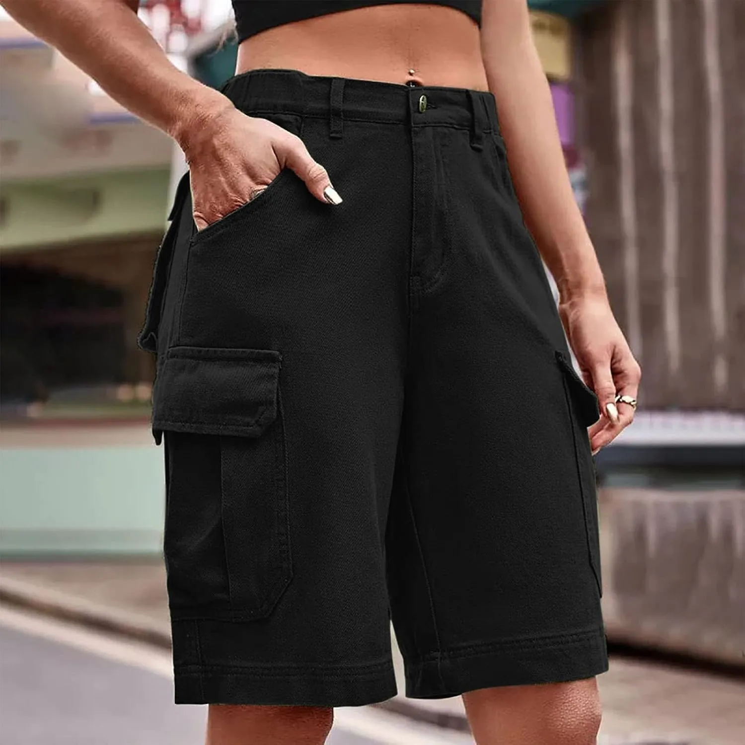 Cargo Shorts for Women Trendy Elastic High Waisted Knee Length Shorts Loose Casual Outdoor Summer Shorts with Pockets